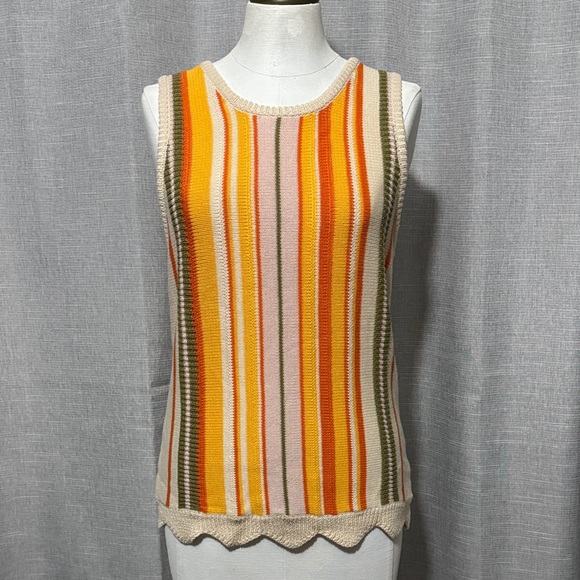 Tops - Cotton Blend Sleeveless Sweater-Multi Stripe/Scalloped Bottom Hem-Lightweight
